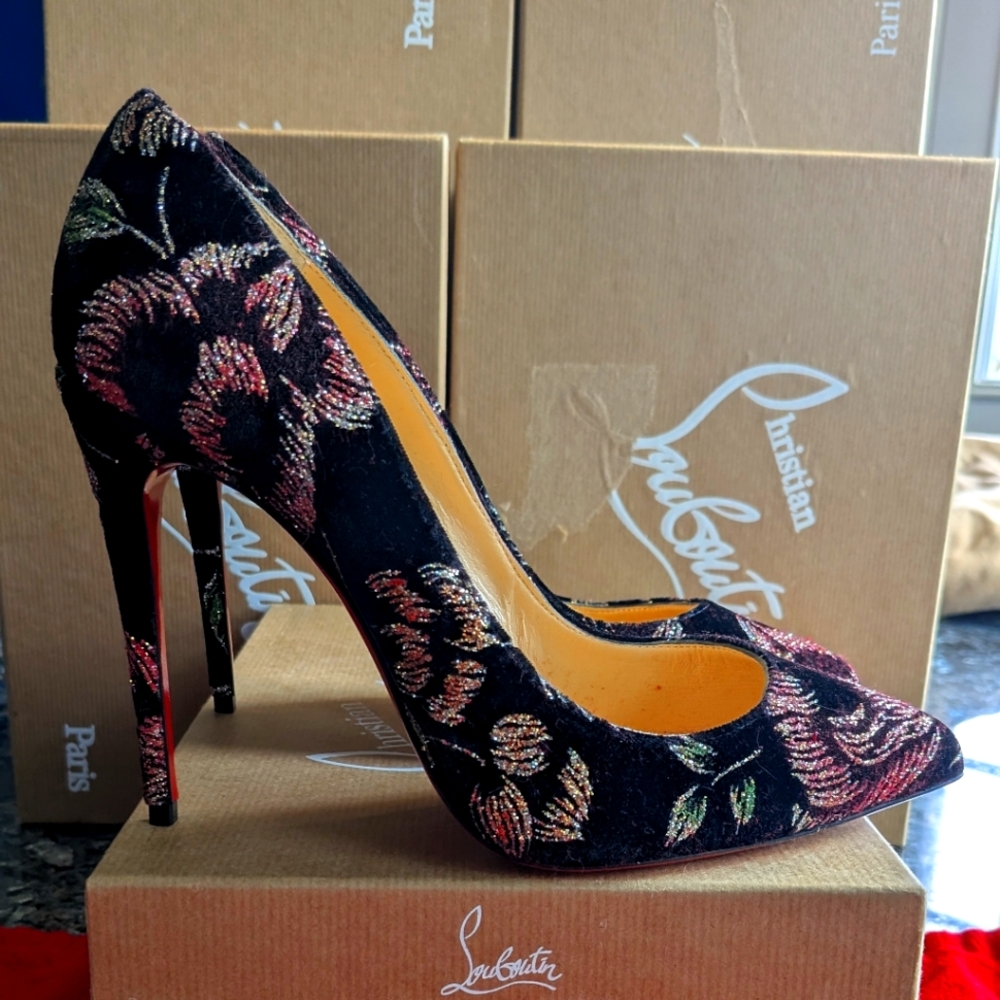 Christian Louboutin black Velvet With Foil Foliage